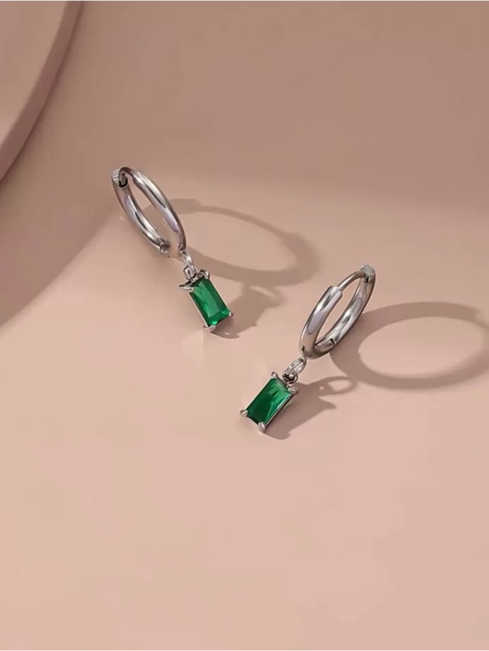 Silver Hoop Earrings with Emerald Green Rectangular Stones